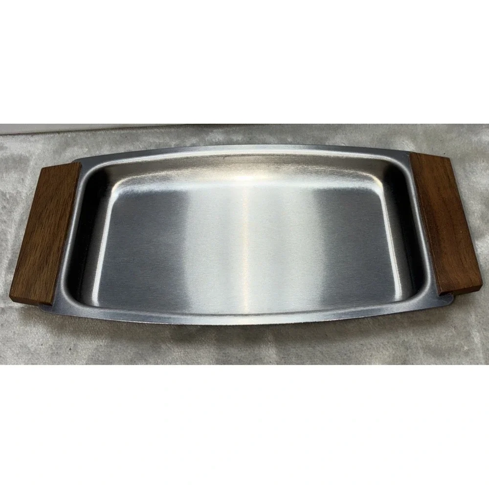 Vintage Snack Tray Single Server Walnut Stainless Steel Flair By Foley 8x4
